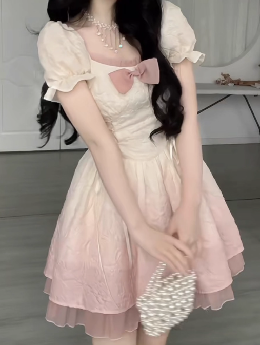 White-Pink Gradient Splicing Tulle Summer Skirt Cute Short Sleeve Ball Gown Short Dress AP0465