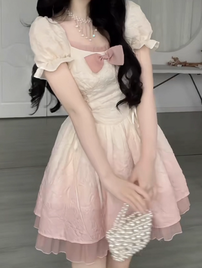 White-Pink Gradient Splicing Tulle Summer Skirt Cute Short Sleeve Ball Gown Short Dress AP0465