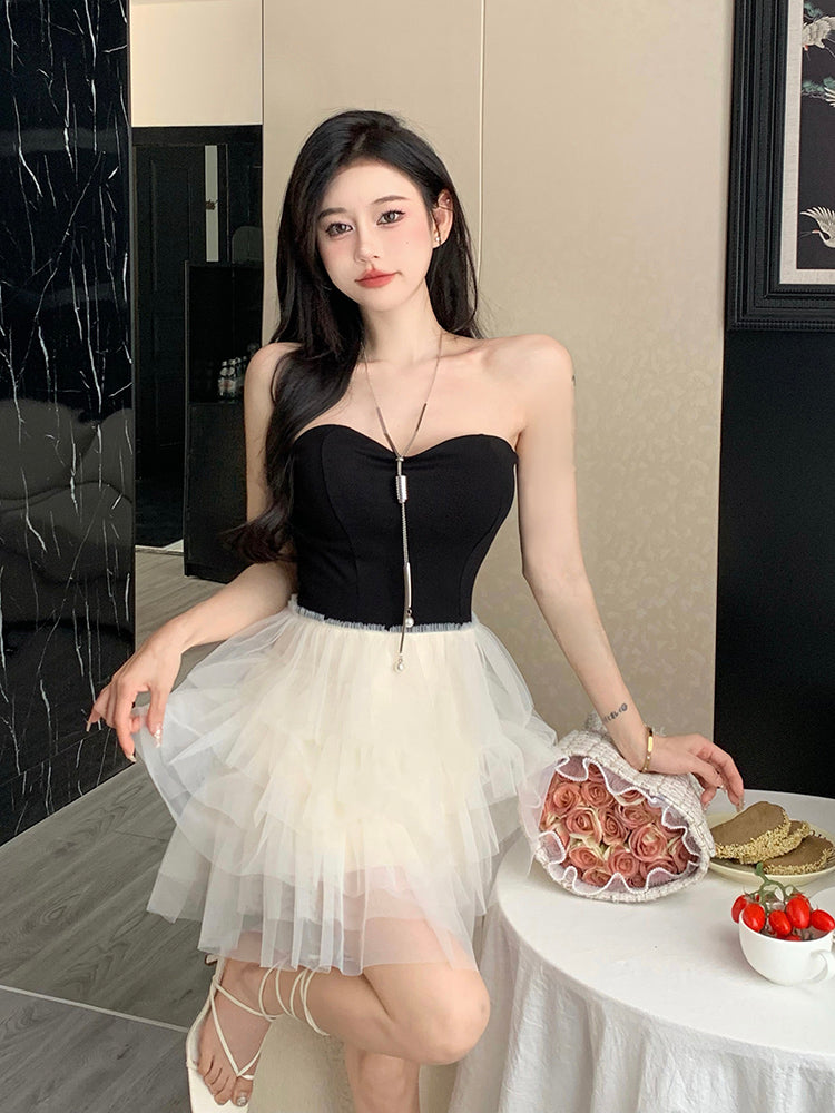 Strapless Mesh Layered Mini Dress Asymmetrical Hem Women Sleeveless Short Dress AP0466