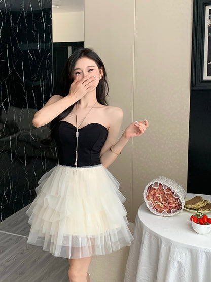 Strapless Mesh Layered Mini Dress Asymmetrical Hem Women Sleeveless Short Dress AP0466