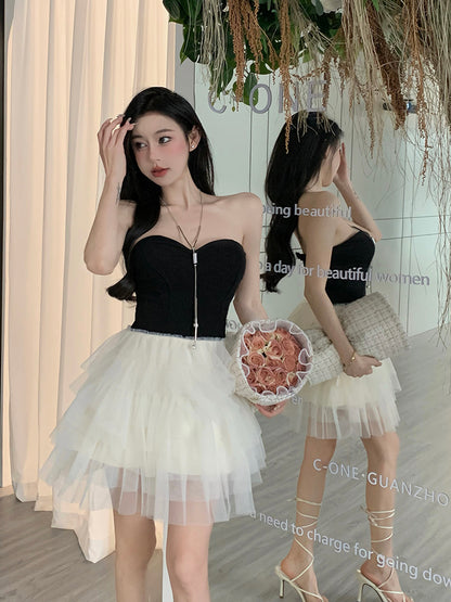 Strapless Mesh Layered Mini Dress Asymmetrical Hem Women Sleeveless Short Dress AP0466