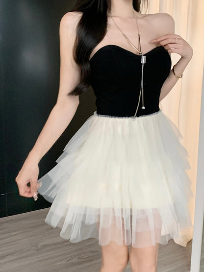 Strapless Mesh Layered Mini Dress Asymmetrical Hem Women Sleeveless Short Dress AP0466