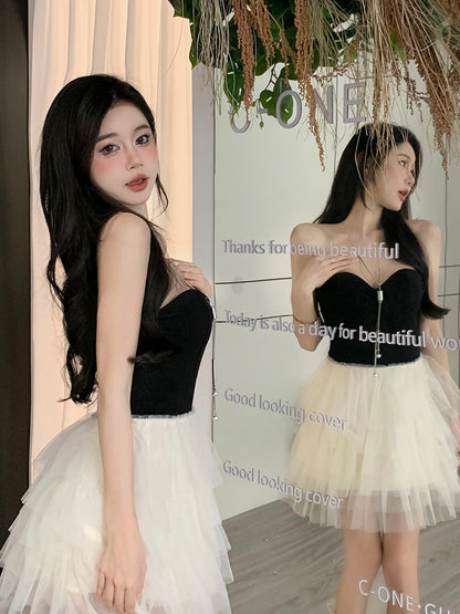 Strapless Mesh Layered Mini Dress Asymmetrical Hem Women Sleeveless Short Dress AP0466