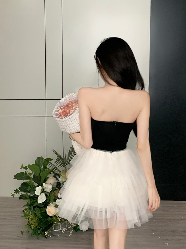 Strapless Mesh Layered Mini Dress Asymmetrical Hem Women Sleeveless Short Dress AP0466