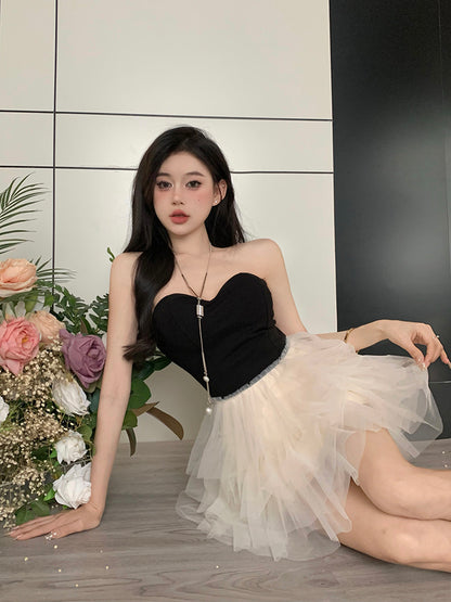 Strapless Mesh Layered Mini Dress Asymmetrical Hem Women Sleeveless Short Dress AP0466