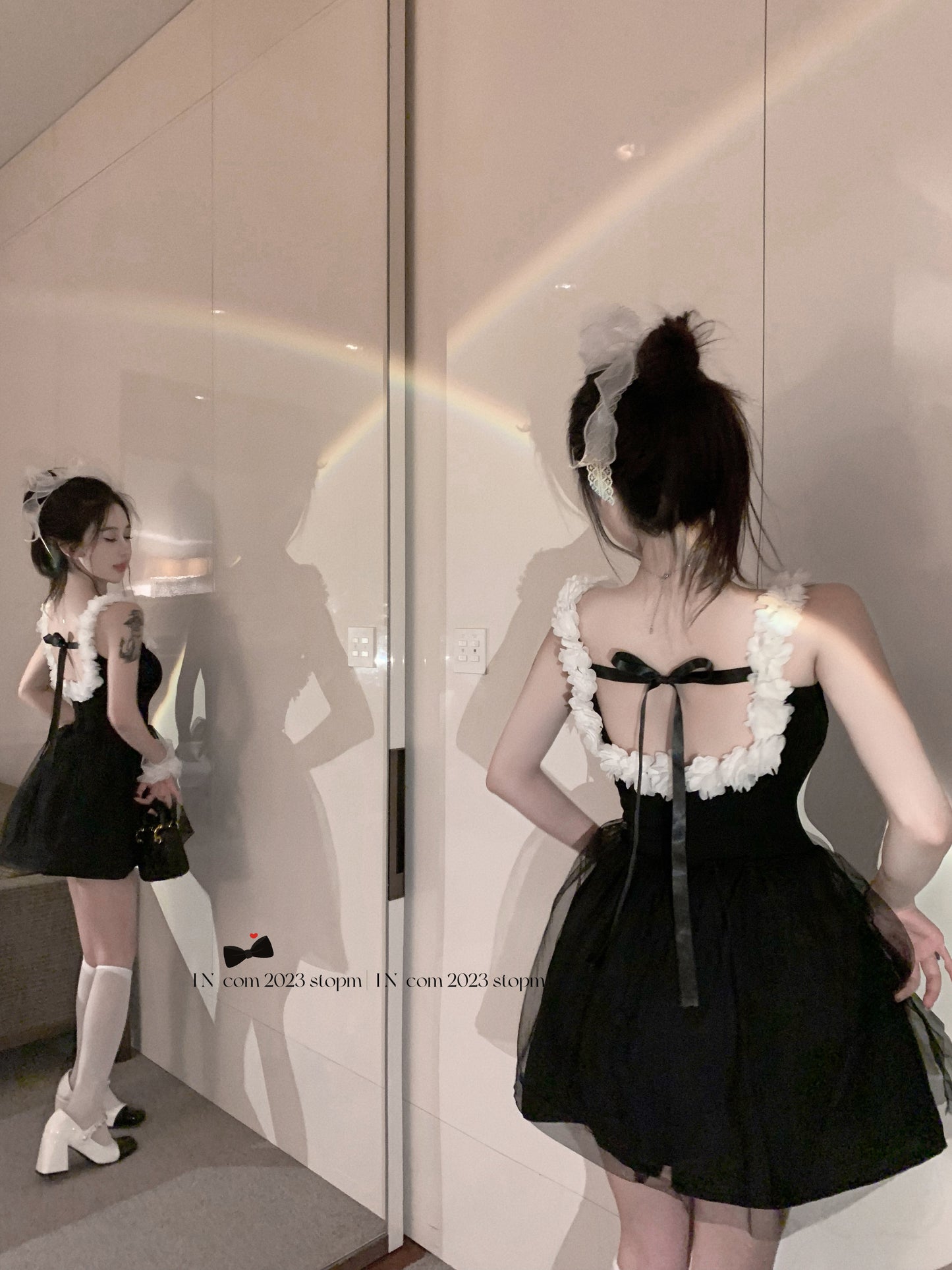 Floral Trimmed Cinched Waist Bubble Skirt Cute LBD Mesh Layered Short Dress AP0467