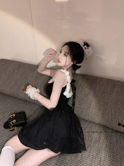 Floral Trimmed Cinched Waist Bubble Skirt Cute LBD Mesh Layered Short Dress AP0467