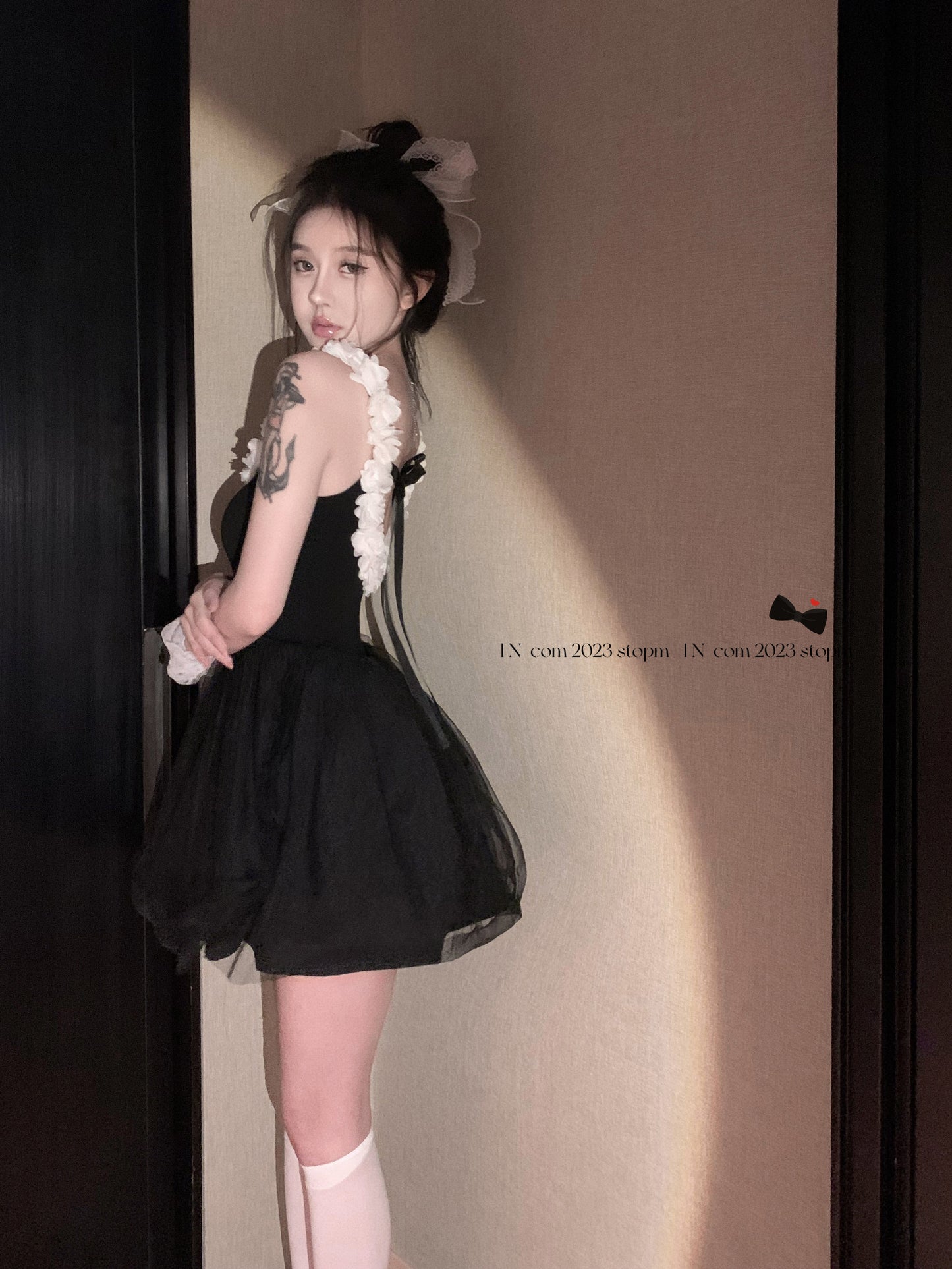 Floral Trimmed Cinched Waist Bubble Skirt Cute LBD Mesh Layered Short Dress AP0467