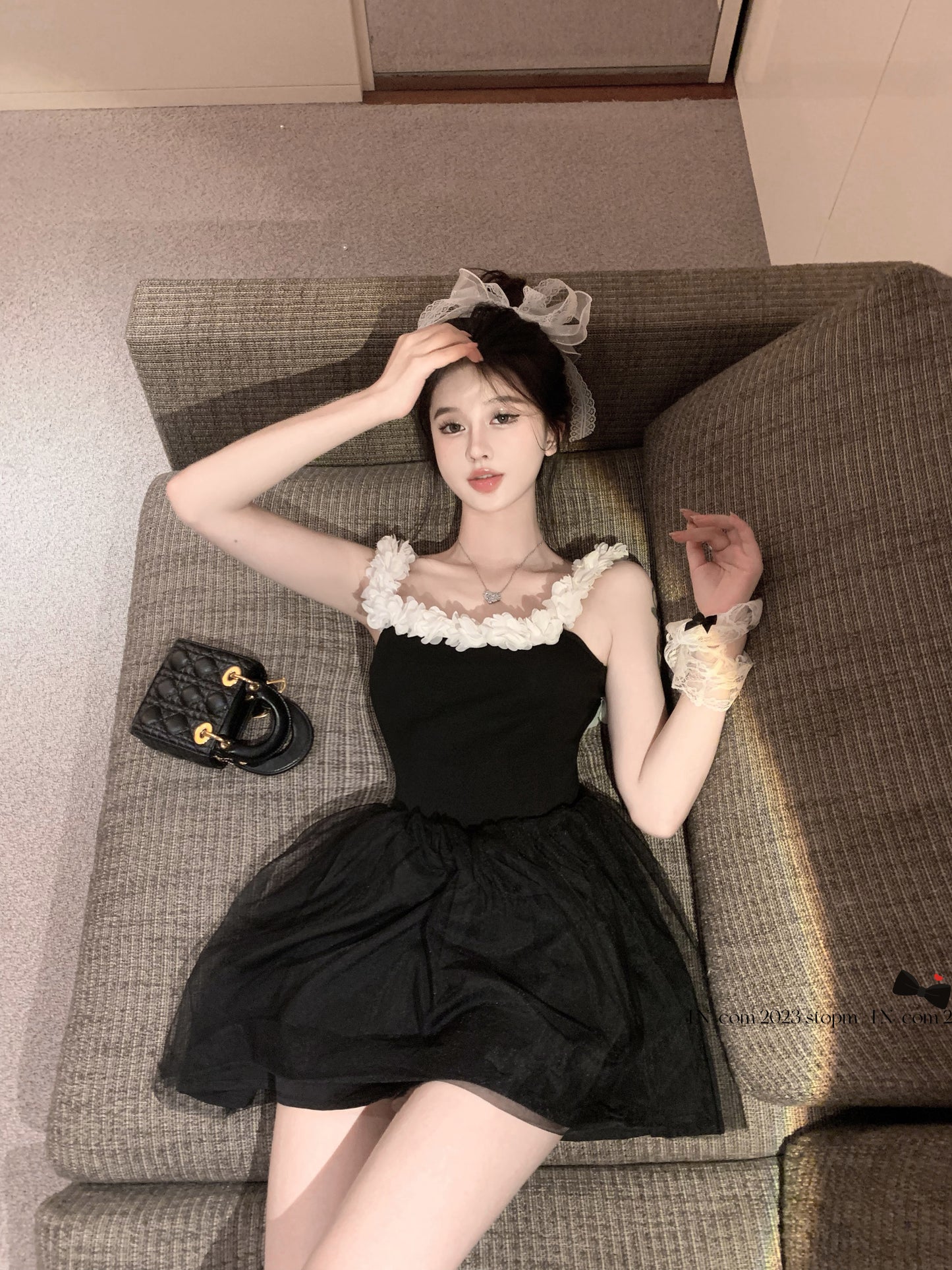 Floral Trimmed Cinched Waist Bubble Skirt Cute LBD Mesh Layered Short Dress AP0467