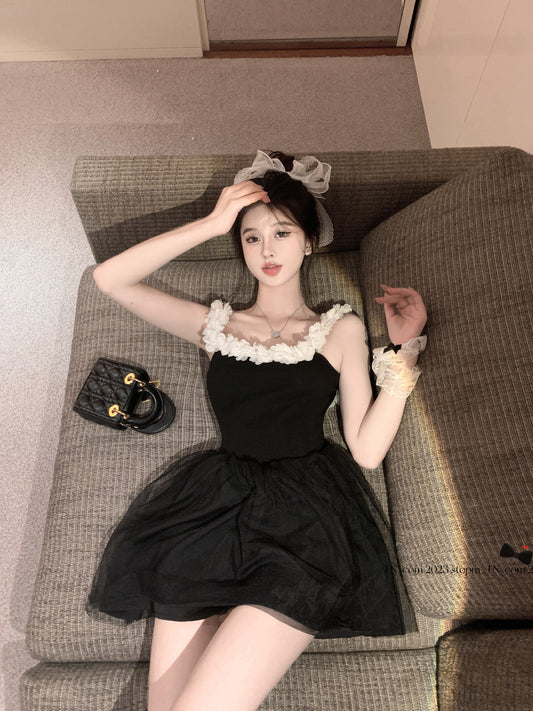 Floral Trimmed Cinched Waist Bubble Skirt Cute LBD Mesh Layered Short Dress AP0467