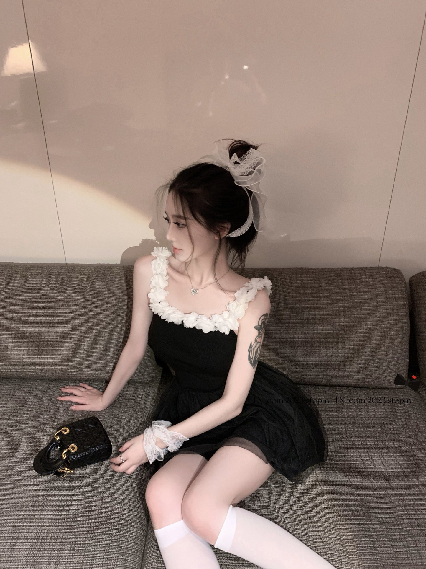 Floral Trimmed Cinched Waist Bubble Skirt Cute LBD Mesh Layered Short Dress AP0467