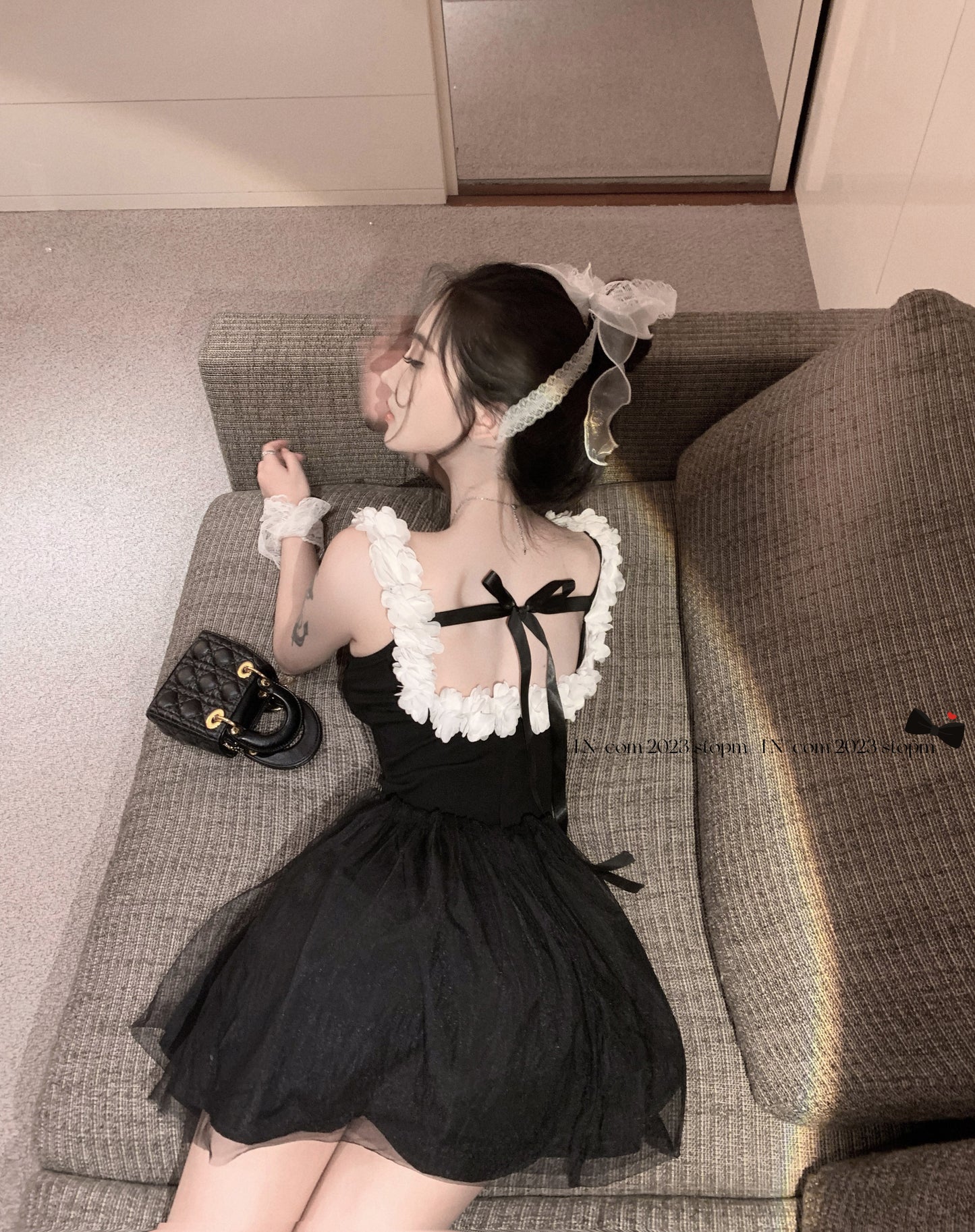 Floral Trimmed Cinched Waist Bubble Skirt Cute LBD Mesh Layered Short Dress AP0467