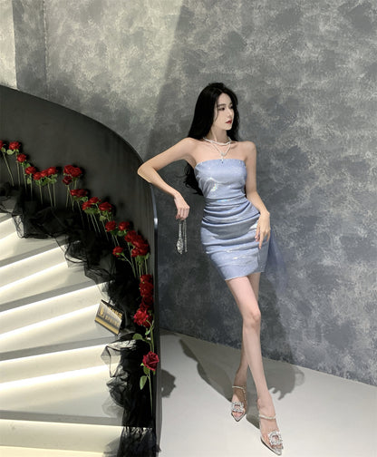 Simple Style Sleeveless Summer Skirt Strapless Glow Fabric Party Bodycon Short Dress AP0469