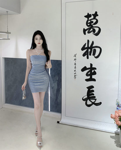 Simple Style Sleeveless Summer Skirt Strapless Glow Fabric Party Bodycon Short Dress AP0469