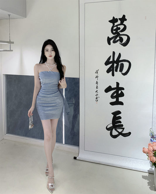 Simple Style Sleeveless Summer Skirt Strapless Glow Fabric Party Bodycon Short Dress AP0469