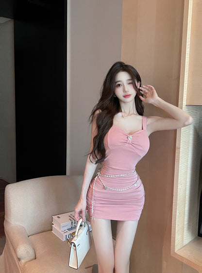 Breathable  Everyday Wear Pink Mini Skirt Party Stretchy Fabric Chic Sheath Short Dress AP0473