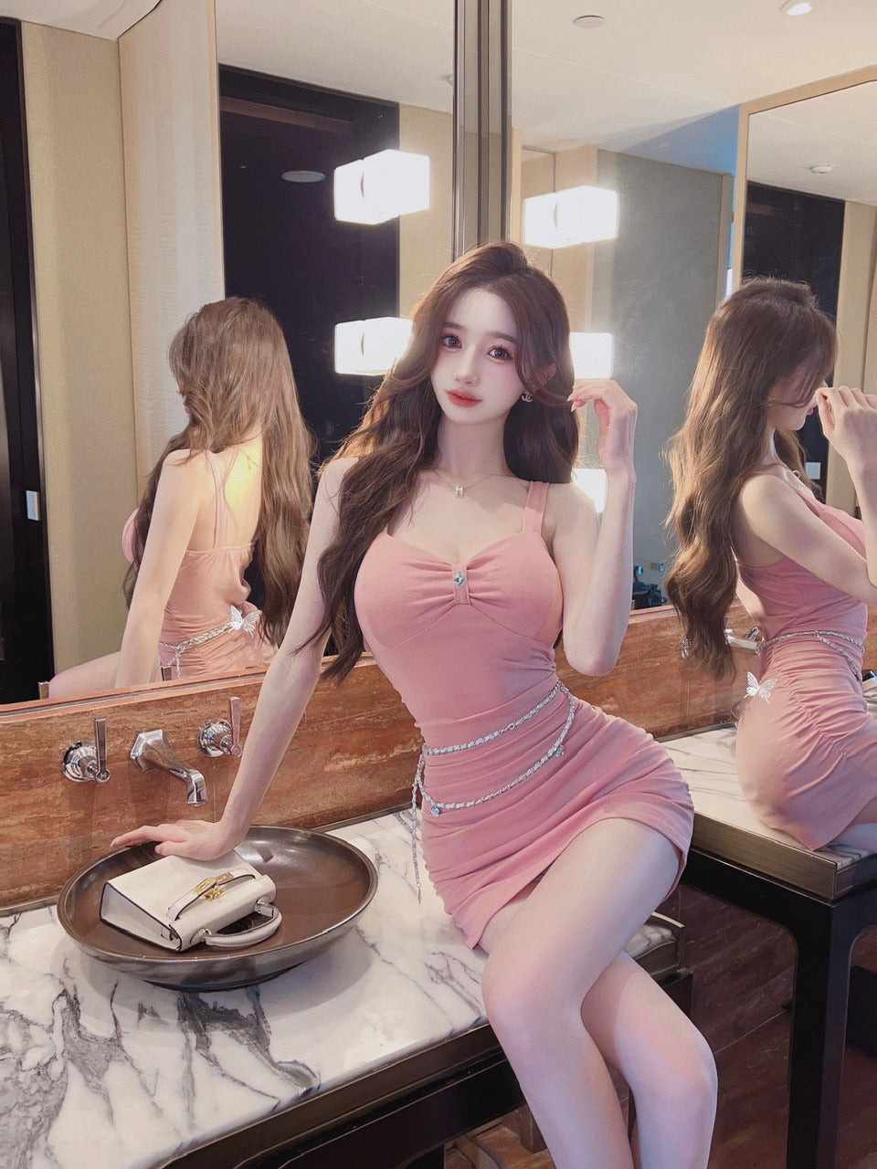 Breathable  Everyday Wear Pink Mini Skirt Party Stretchy Fabric Chic Sheath Short Dress AP0473