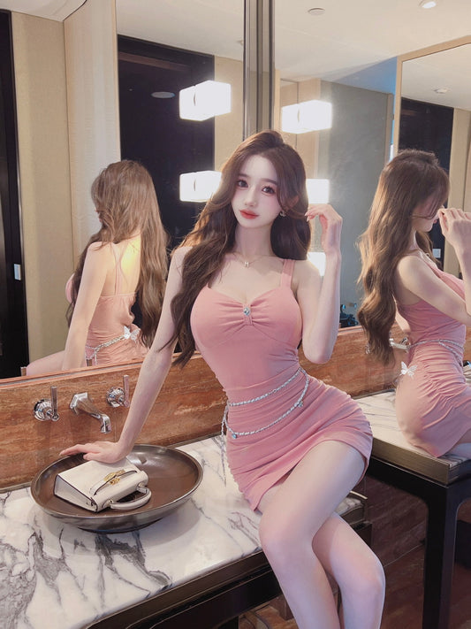 Breathable  Everyday Wear Pink Mini Skirt Party Stretchy Fabric Chic Sheath Short Dress AP0473