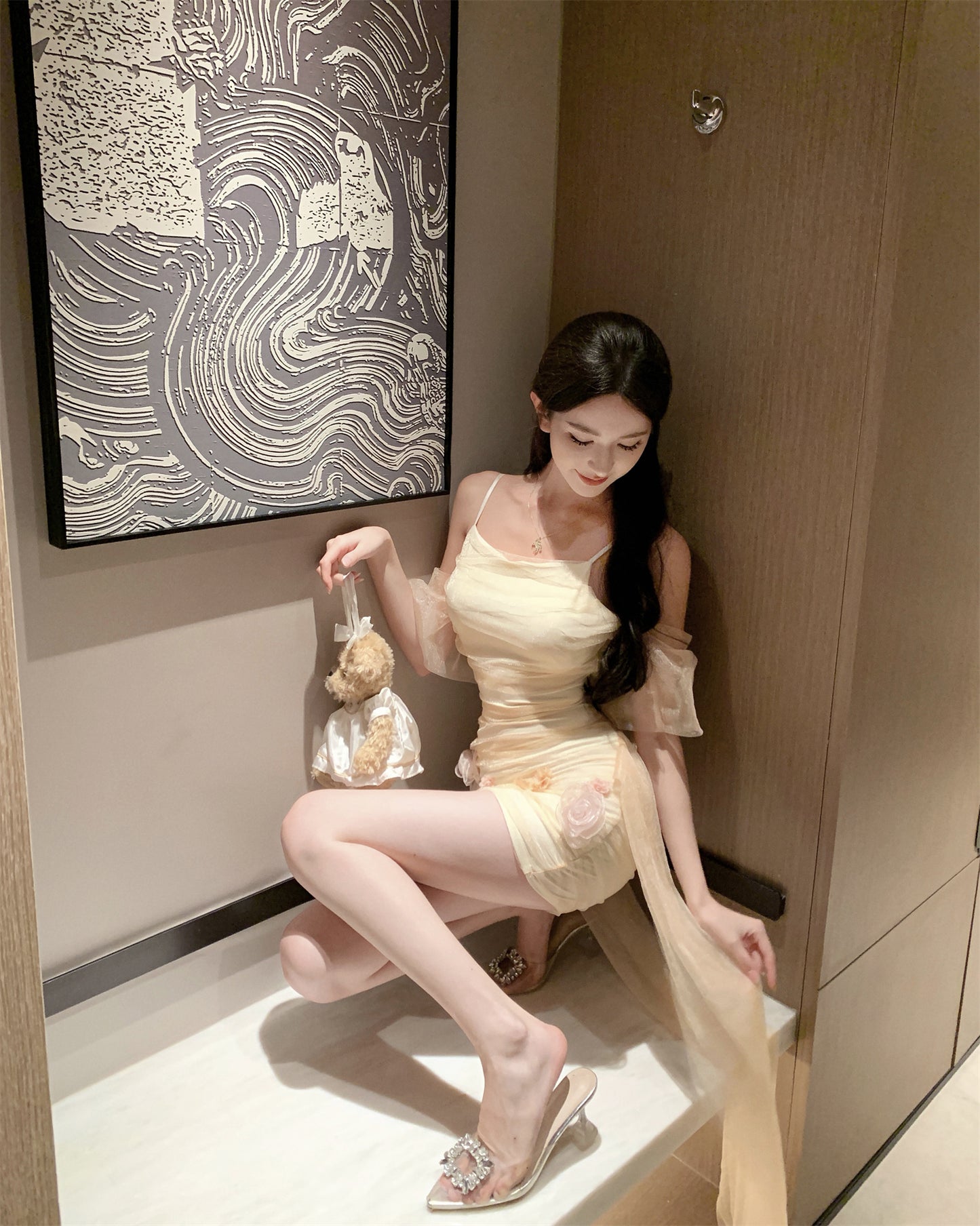 Chic Ethereal Off-Shoulder Mini Skirt Party Ethereal Tulle Sheath Short Dress AP0474