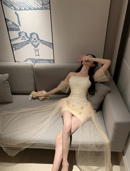 Chic Ethereal Off-Shoulder Mini Skirt Party Ethereal Tulle Sheath Short Dress AP0474