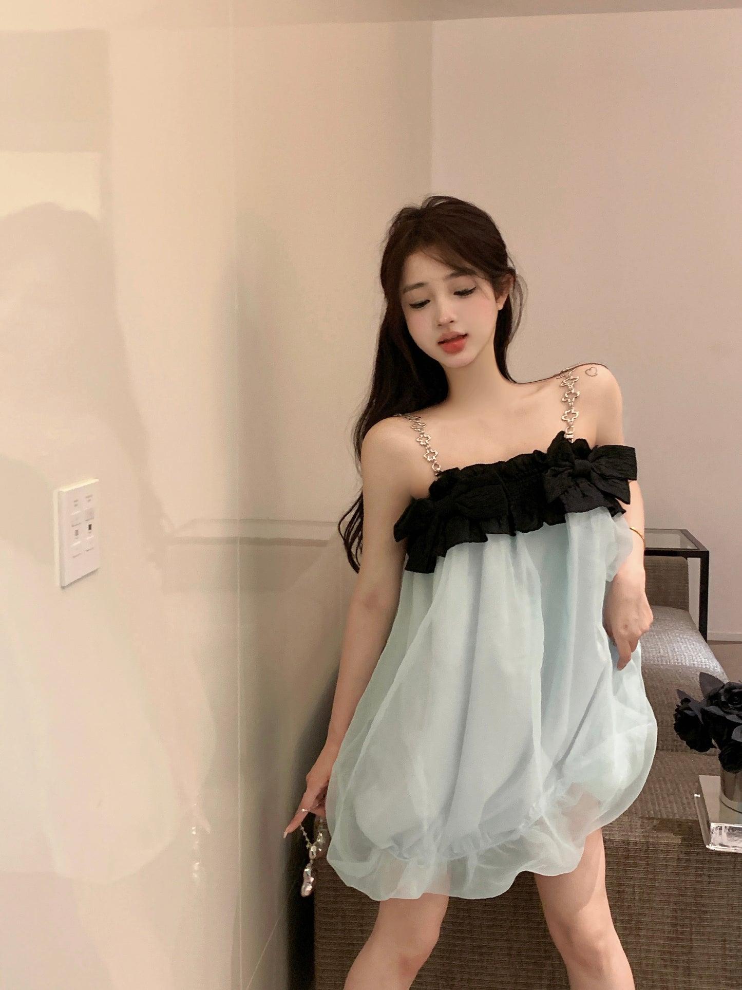 Sweet Bowknot Design Puffy Hem Mini Skirt Tulle Layered Bubble Short Dress AP0475