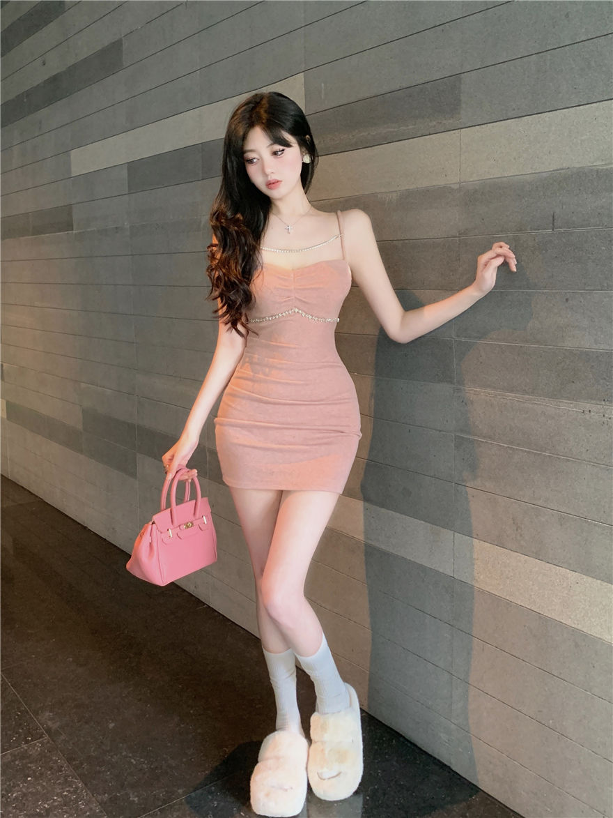 Sweet Girls Chic Pink Short Skirt Birthday Crystal Chain Ornament Sheath Short Dress AP0477