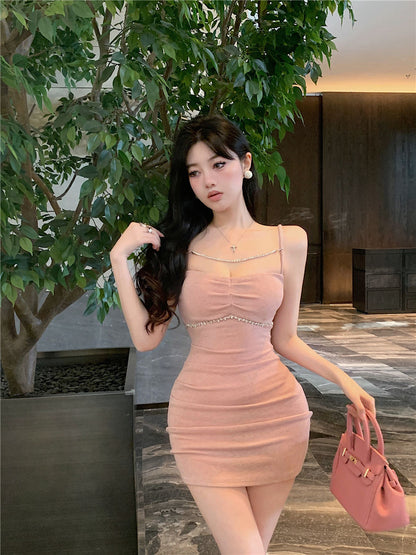 Sweet Girls Chic Pink Short Skirt Birthday Crystal Chain Ornament Sheath Short Dress AP0477