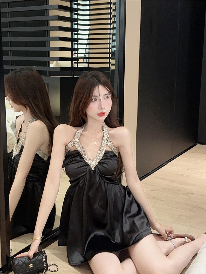 Soft Fabric Hollow-Out Party Skirt Sleeveless Crystal Ornament Halter Short Dress AP0478