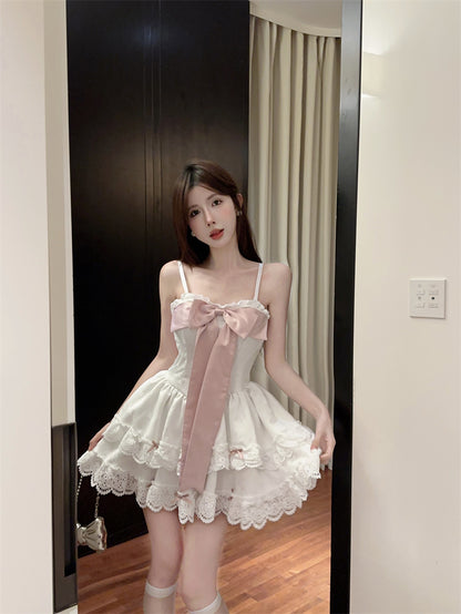 2025 Summer A-Line Layered Cake Mini Skirt Cute Spaghetti Strap Bow-Knot Bubble Short Dress AP0479