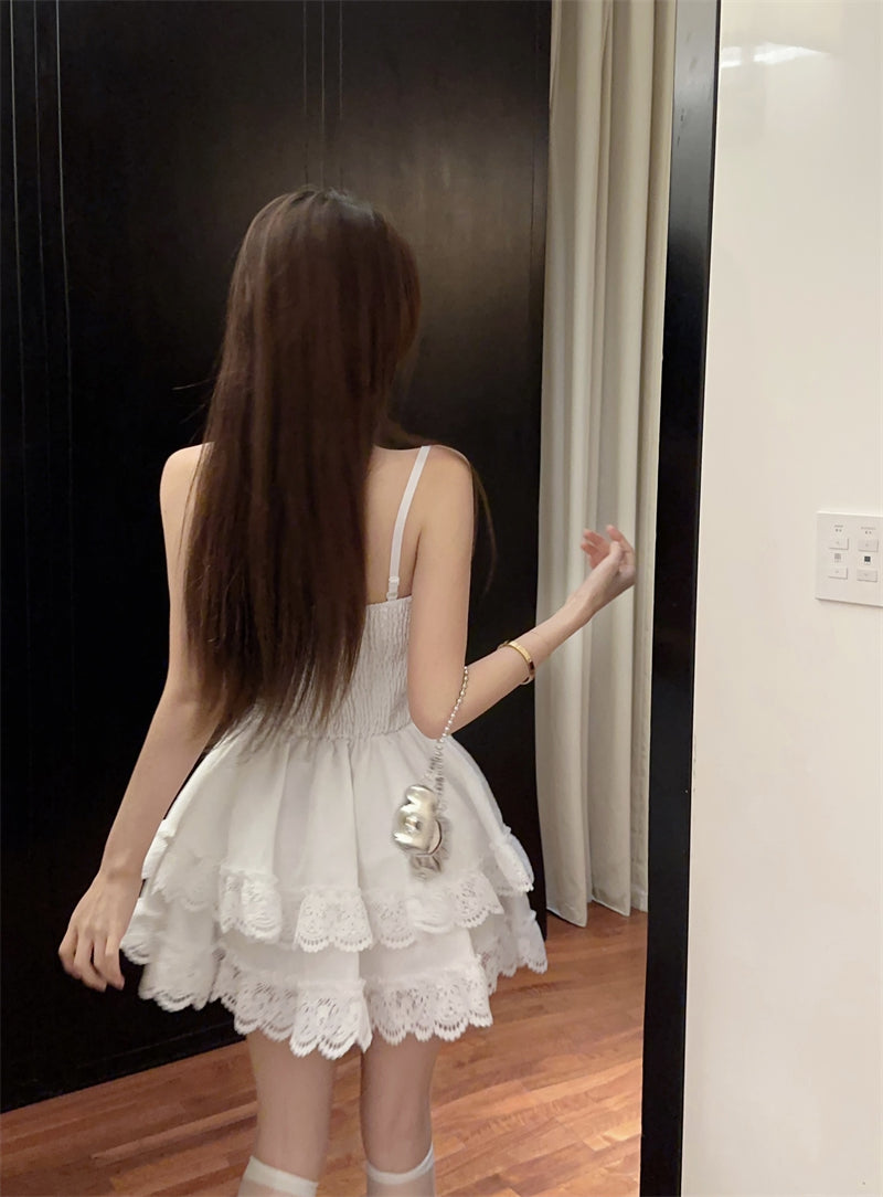 2025 Summer A-Line Layered Cake Mini Skirt Cute Spaghetti Strap Bow-Knot Bubble Short Dress AP0479