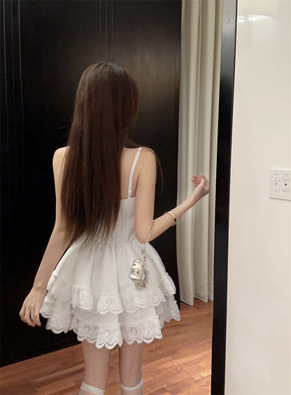 2025 Summer A-Line Layered Cake Mini Skirt Cute Spaghetti Strap Bow-Knot Bubble Short Dress AP0479