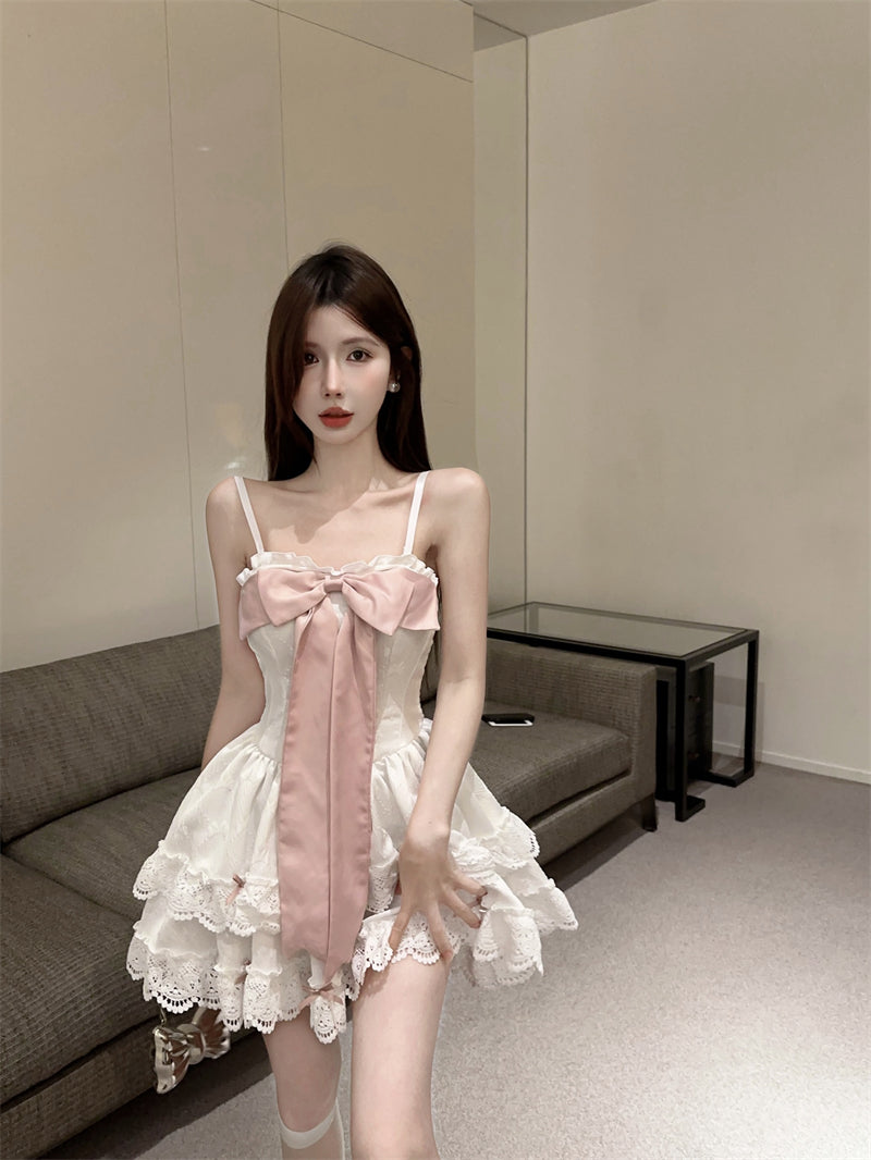 2025 Summer A-Line Layered Cake Mini Skirt Cute Spaghetti Strap Bow-Knot Bubble Short Dress AP0479