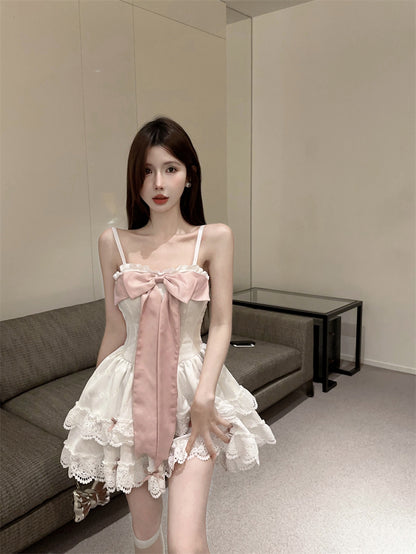 2025 Summer A-Line Layered Cake Mini Skirt Cute Spaghetti Strap Bow-Knot Bubble Short Dress AP0479