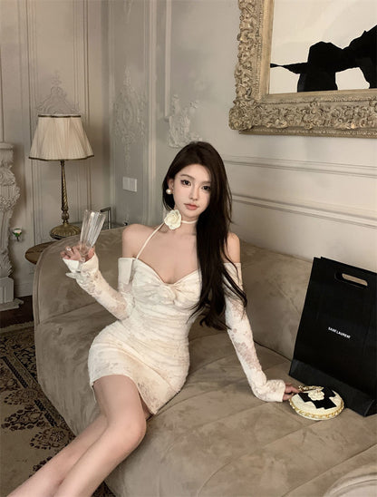 Long Sleeve Floral Print Chic Halter Skirt Charming Women Close-Fitting Short Dress AP0481