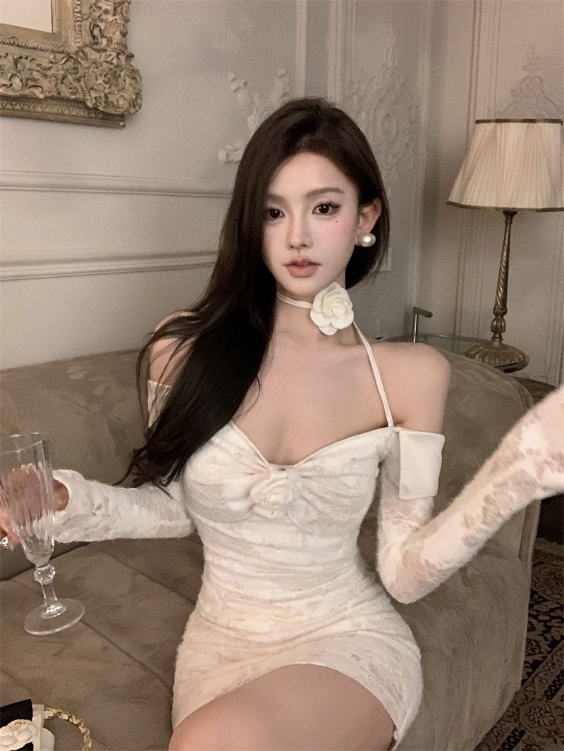 Long Sleeve Floral Print Chic Halter Skirt Charming Women Close-Fitting Short Dress AP0481