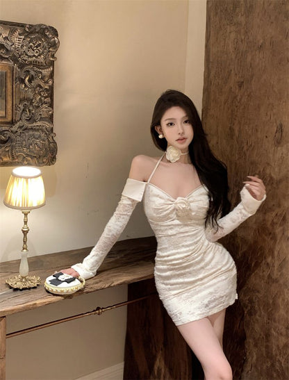 Long Sleeve Floral Print Chic Halter Skirt Charming Women Close-Fitting Short Dress AP0481