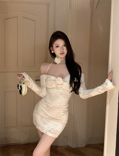 Long Sleeve Floral Print Chic Halter Skirt Charming Women Close-Fitting Short Dress AP0481