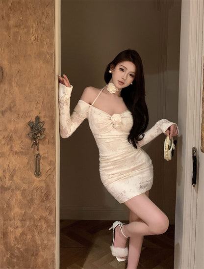 Long Sleeve Floral Print Chic Halter Skirt Charming Women Close-Fitting Short Dress AP0481