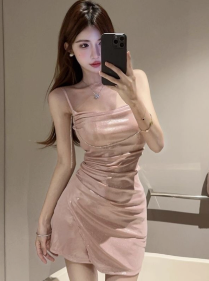 Chic Glow Fabric Party Mini Skirt Party Vogue Asymmetrical Hem Sheath Short Dress AP0483