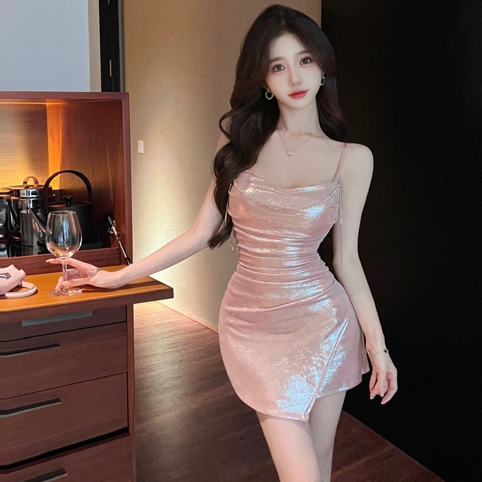 Chic Glow Fabric Party Mini Skirt Party Vogue Asymmetrical Hem Sheath Short Dress AP0483