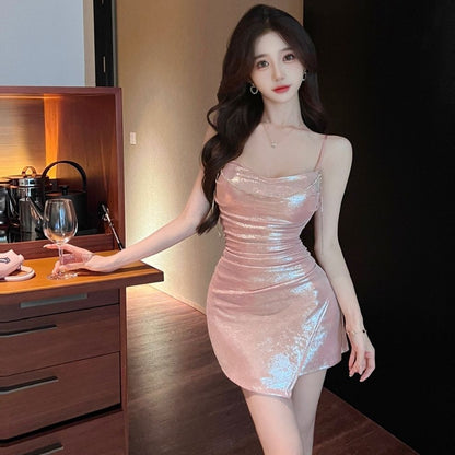 Chic Glow Fabric Party Mini Skirt Party Vogue Asymmetrical Hem Sheath Short Dress AP0483