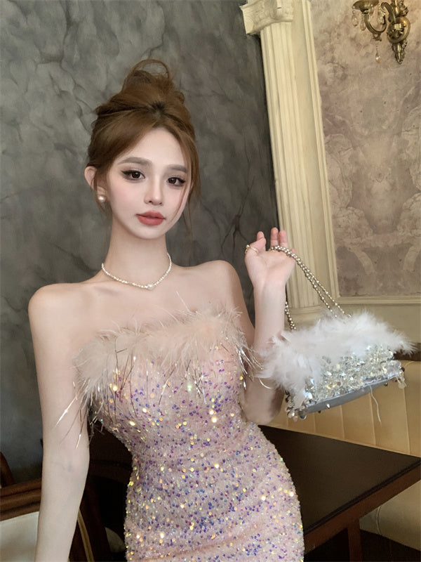 Sweet Sleeveless Summer Skirt Strapless Sequin Shine Vibrant Bodycon Short Dress AP0484