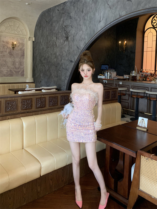 Sweet Sleeveless Summer Skirt Strapless Sequin Shine Vibrant Bodycon Short Dress AP0484