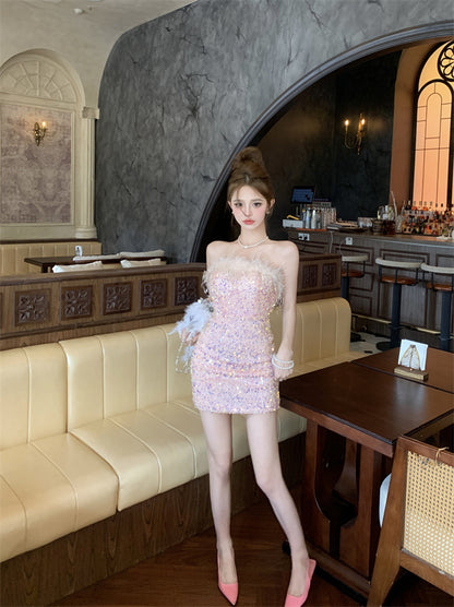 Sweet Sleeveless Summer Skirt Strapless Sequin Shine Vibrant Bodycon Short Dress AP0484