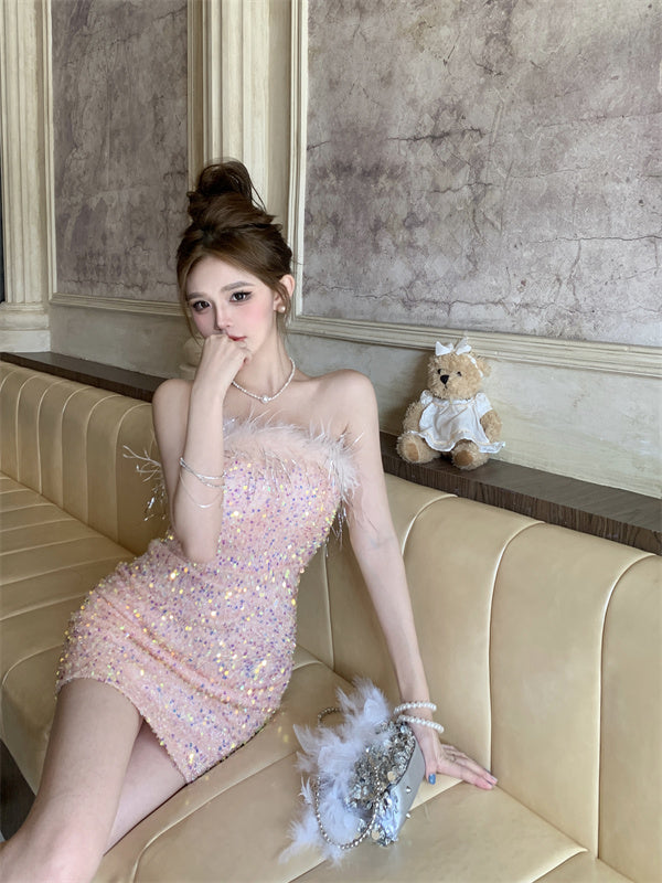 Sweet Sleeveless Summer Skirt Strapless Sequin Shine Vibrant Bodycon Short Dress AP0484