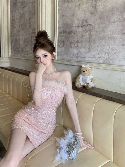 Sweet Sleeveless Summer Skirt Strapless Sequin Shine Vibrant Bodycon Short Dress AP0484