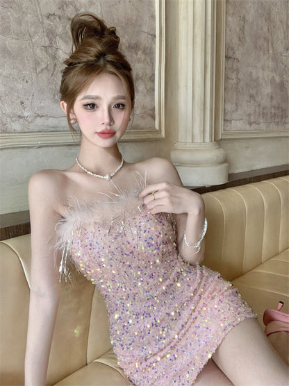 Sweet Sleeveless Summer Skirt Strapless Sequin Shine Vibrant Bodycon Short Dress AP0484