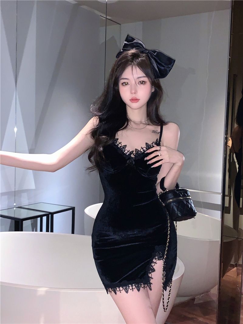 Asymmetrical Lace Hem Short Skirt LBD Party Slit Breathable Chic Sheath Short Dress AP0485