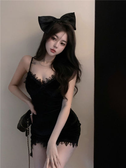 Asymmetrical Lace Hem Short Skirt LBD Party Slit Breathable Chic Sheath Short Dress AP0485