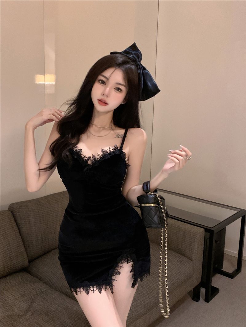 Asymmetrical Lace Hem Short Skirt LBD Party Slit Breathable Chic Sheath Short Dress AP0485